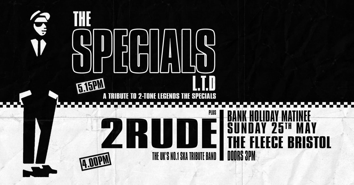 Our spring bank holiday weekend ends with a matinee at <a href="/FleeceBristol/">The Fleece</a> on Sunday featuring <a href="/2RUDESKA/">2 Rude</a> in support.

Come party with us - you have all of Monday to recover after all! 🥳 thefleece.co.uk/whats-on/gigs/…

#TheSpecialsLTD #Ska #TributeBand #2Tone #TheSpecials #TheFleece #Bristol
