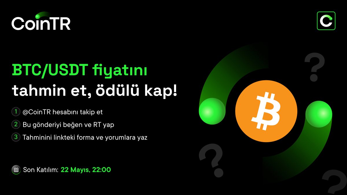 Bitcoin Pizza Günü’ne özel BTC tahmin yarışması! 🍕

📈 22 Mayıs saat 23:00'teki BTC/USDT fiyatını tahmin et, ödülü kap!

💰 Doğru bilen veya en yakın tahminde bulunan ilk 10 kişiye toplam 200 USDT hediye!

🟢 Nasıl Katılırım?

▫️ <a href="/CoinTRTurkiye/">CoinTR</a> hesabını takip et
▫️ Bu gönderiyi