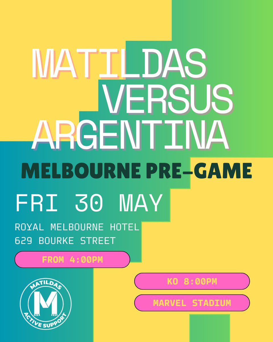 Matildasactive's tweet photo. Back to Docklands Stadium in Melbourne.

Join us in the courtyard at the Royal Melbourne Hotel on Friday the 30th, the best place to get your weekend started and to get yourself in the Tillies supporting spirit with other Matilda fans.

Full details here👇
https://t.co/iVvteTeVcz https://t.co/6mAH9pUCEs