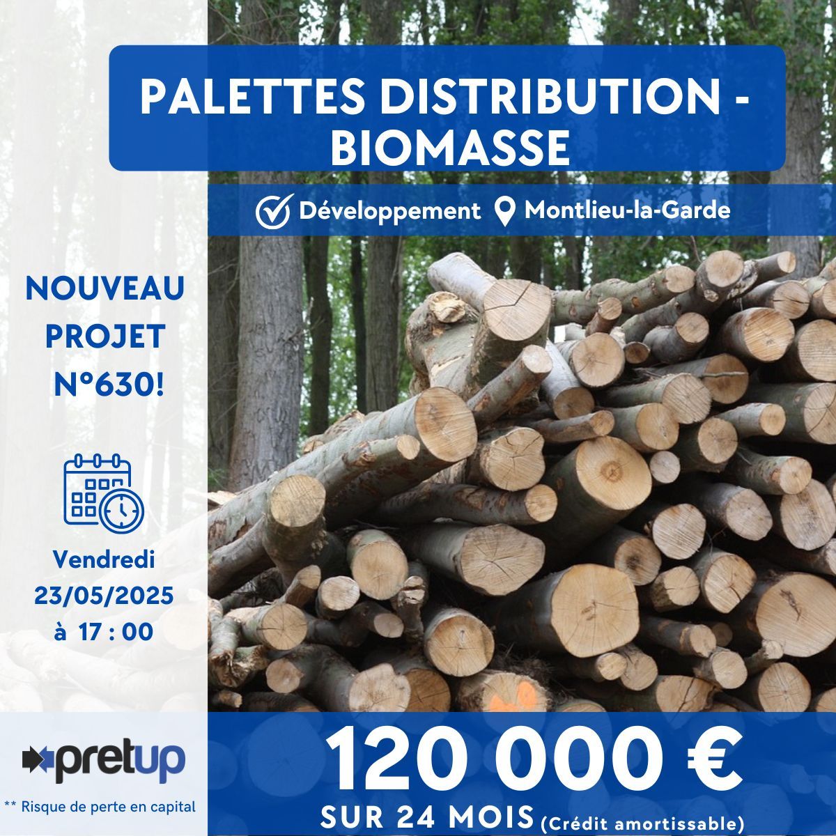 [⚡Nouveau projet n°630⚡]
Prépublication du projet "Palettes Distribution - Biomasse" : 120 000€ recherchés sur 24 mois pour financer du matériel
Ouverture de la collecte demain à 17h 
Palettes Distribution - Biomasse - Pretup
Risque de non-remboursement du capital prêté