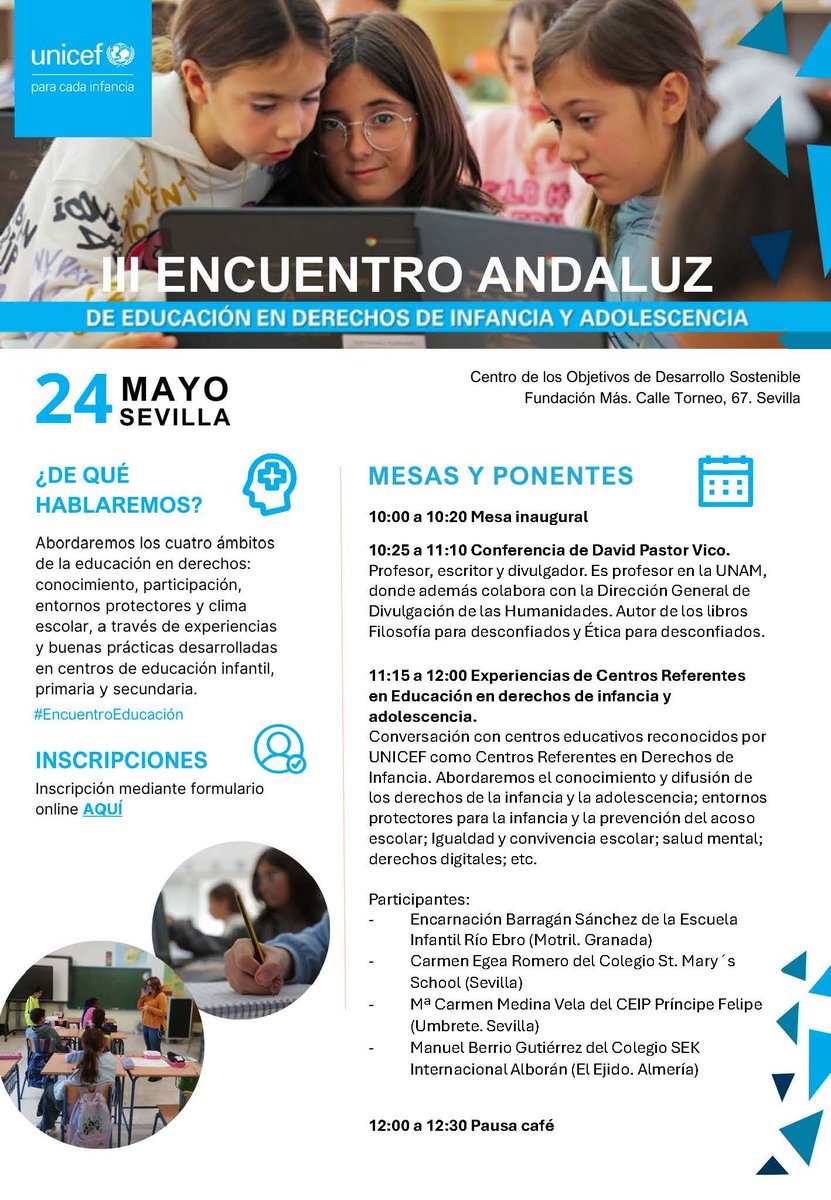 UNICEFAndalucia's tweet photo. 🔴¡Últimas plazas para el III Encuentro andaluz de Educación en Derechos de Infancia y Adolescencia!
Dirigido especialmente a profesionales de la educación, la infancia, los derechos, o la protección.

Te esperamos desde las 10h en @SomosFundMAS

https://t.co/hL8yzgIRnX https://t.co/nlwR7PxxdI