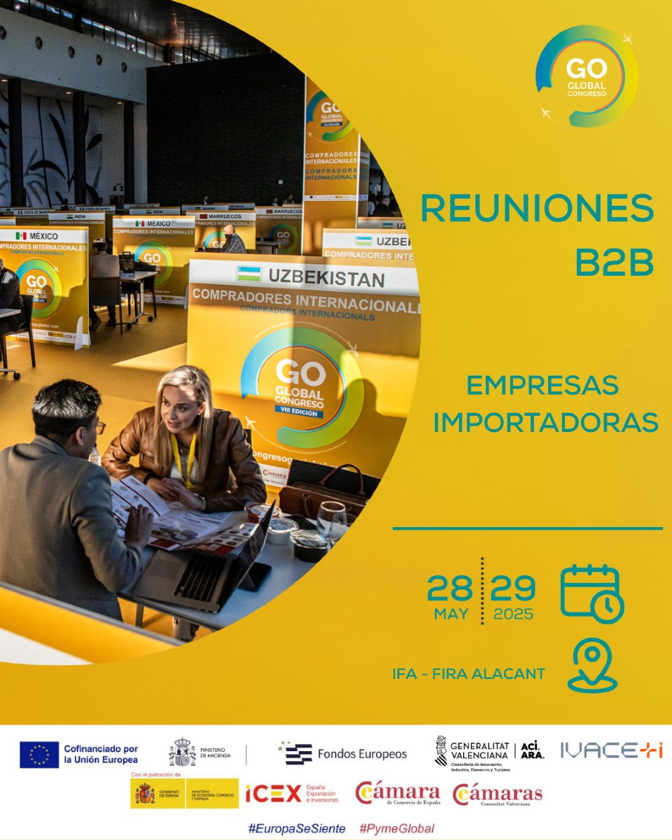🤝 Concierta reuniones con empresas importadoras y potenciales socios en mercados globales para explorar nuevas oportunidades de negocio

No pierdas esta ocasión de ampliar tu mercado y dar el siguiente paso hacia la internacionalización de tu empresa.

🔗 congresogoglobal.com