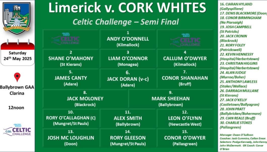 Best of luck to John Pratt and The Limerick Celtic Challenge hurling team that play Cork Whites in the Semi Final this Saturday May 24th in Ballybrown GAA pitch Clarina at 12 noon. 

💚🤍 x 💜💛