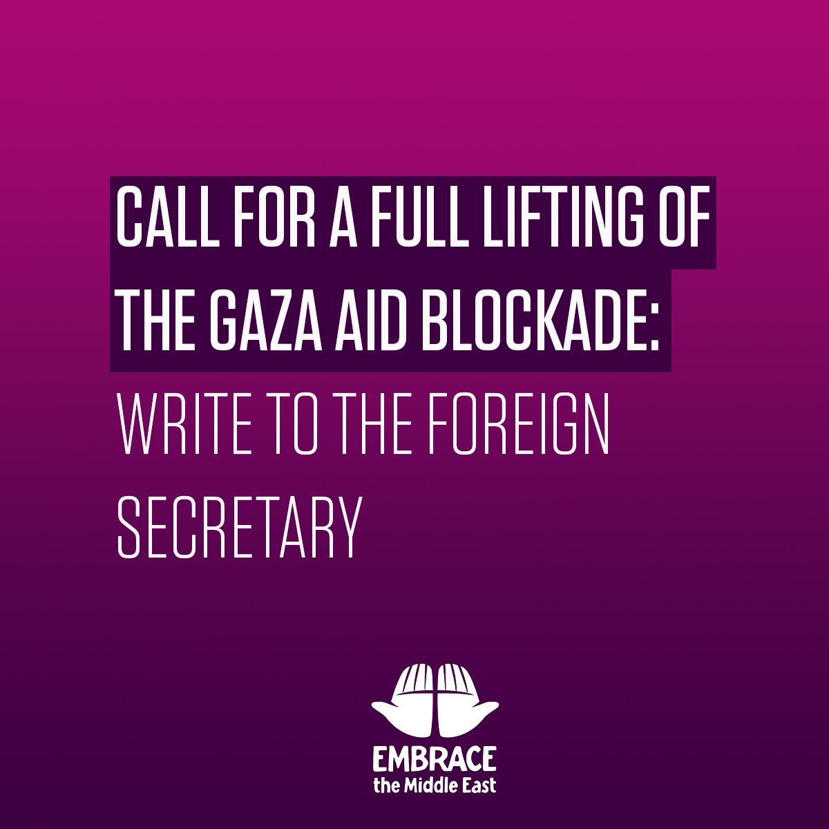 Embrace the Middle East (@followembrace) on Twitter photo 🚨 As part #FastForGaza, please join us in writing to <a href="/DavidLammy/">David Lammy</a> to:
• call on the UK Govt to press for a full lifting of Israel’s blockade on Gaza
• recognise Israel’s actions have breached international law
📩 Download a letter template here:
👉embraceme.org/take-action/#l… 🚨 As part #FastForGaza, please join us in writing to <a href="/DavidLammy/">David Lammy</a> to:
• call on the UK Govt to press for a full lifting of Israel’s blockade on Gaza
• recognise Israel’s actions have breached international law
📩 Download a letter template here:
👉embraceme.org/take-action/#l…