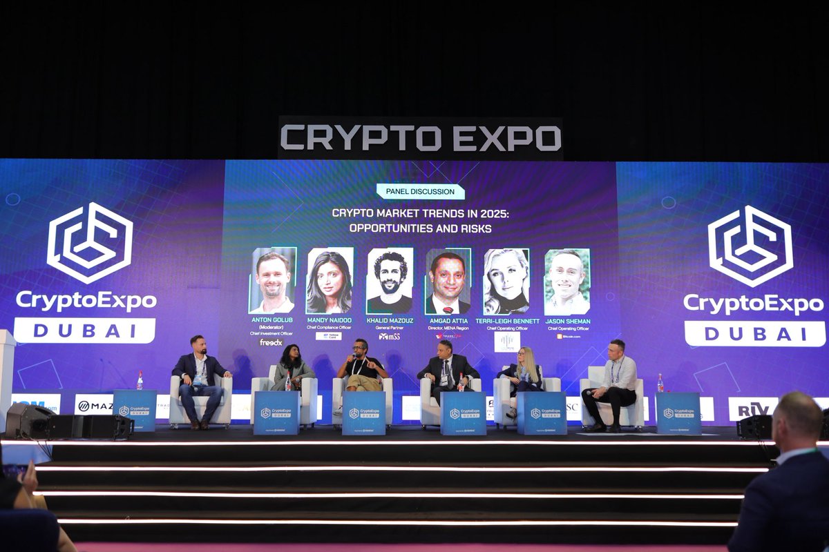 M55capital's tweet photo. Our GP @KMAZnoclip  spoke at @TheCryptoExpo  Dubai, joining a powerhouse panel on 2025 market trends.

From BTC flows to stablecoins, sharp insights for founders &amp; funds. 

2025 rewards speed and conviction.
#btc #blockchain #M55Capital #web3 #CryptoExpoDubai #Dubai #VC #RWA https://t.co/2hioa6QOxN