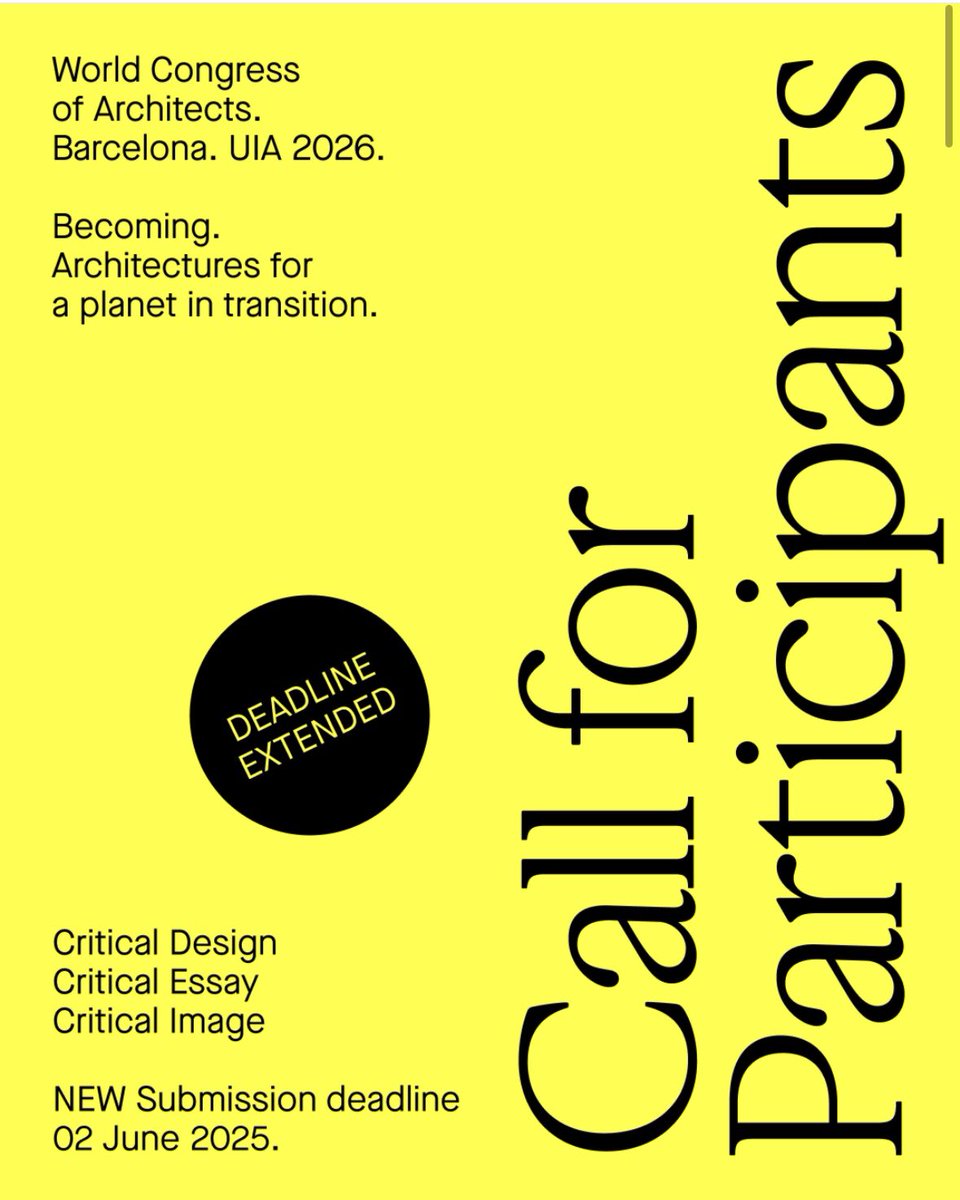 DEADLINE EXTENDED 📢 #UIA2026BCN Call for Participants. Apply by 02 June 2025 to be part of the UIA World Congress of Architects 2026 Barcelona.

ℹ️ More info uia2026bcn.org