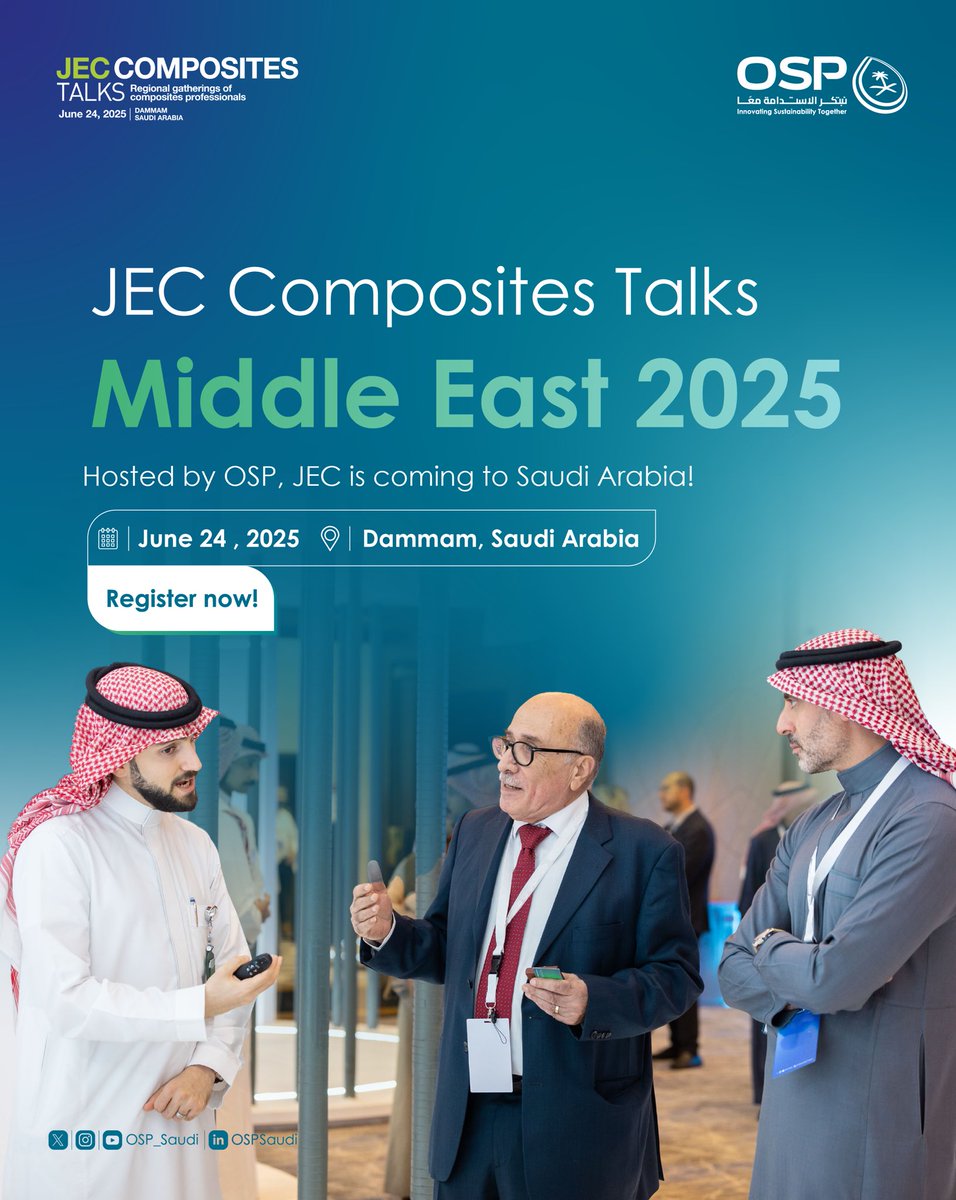 Join us in Dammam for the JEC Composites Talks Middle East 2025!
Be part of this key event shaping the future of composites in the region. 
Register now (limited seats): …etings-registration.jeccomposites.com/jec-talks-midd…
#JECMiddleEast