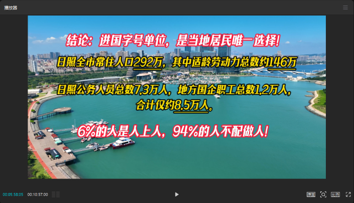各位，一直以来，本频道关注的焦点都集中在一二线城市之中，对三四线以下的城市，关注度不足。为了弥补缺憾，我在地图上随机挑选了山东，然后根据山东各市的经济排名，选择了倒数第二的日照市，作为分析样本。 这篇分析有多炸裂，我给出下面的视频截图，各位就能理解了。 
本期节目【细说山东日照