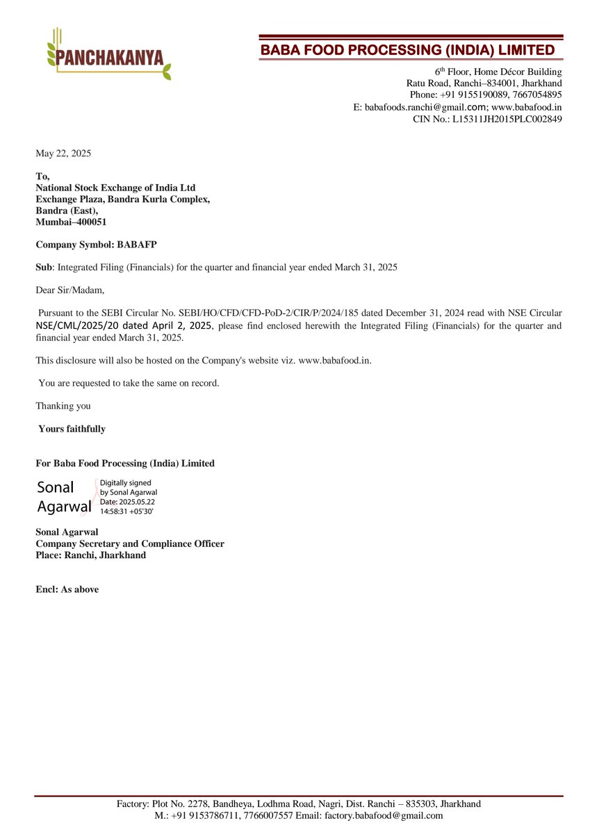 nileshkurhade's tweet image. 📌 Baba Food Processing (India) Limited informed the exchange about its approval for the financial results for the period ended March 31, 2025. #SME #BABAFP 📄🧾