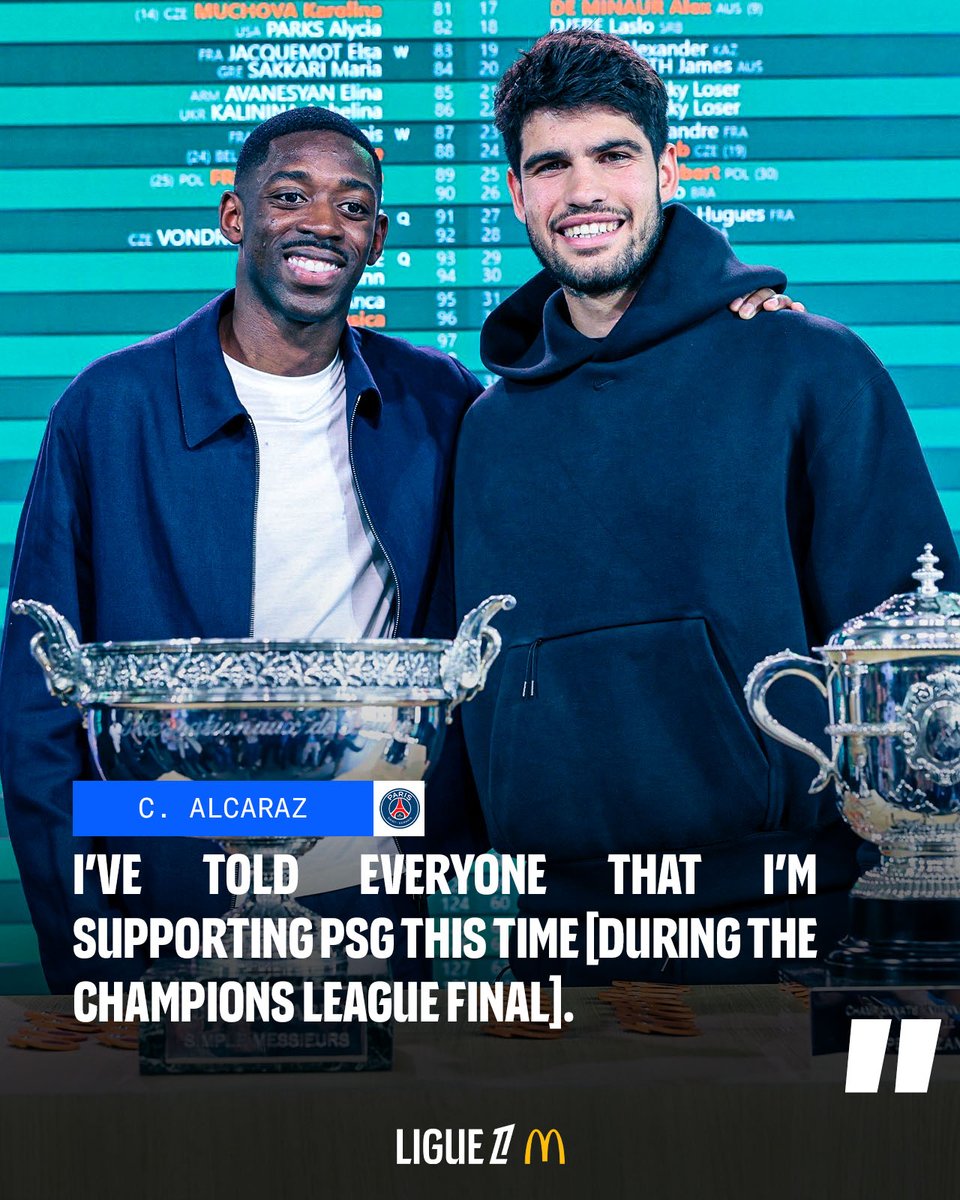 Ligue 1 English (@ligue1_eng) on Twitter photo Carlos Alcaraz, PSG supporter for the #UCL final โค๏ธ๐ช๐ธ๐พ
(๐ธ <a href="/rolandgarros/">Roland-Garros</a>) Carlos Alcaraz, PSG supporter for the #UCL final โค๏ธ๐ช๐ธ๐พ
(๐ธ <a href="/rolandgarros/">Roland-Garros</a>)