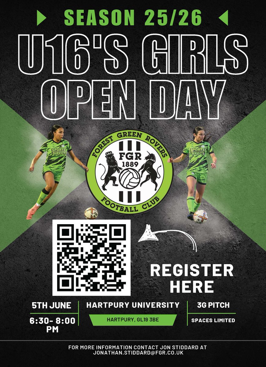 Forest Green Rovers Women (@fgrfc_women) on Twitter photo 🗓️ Register your interest for our U16's open day at Hartpury University.
🕡This will take place on June 5th, 6:30-8:00pm.
🤳Scan the QR code below to register.
📰 For any extra details see the email below.
#WeAreFGR💚 | <a href="/SportsDirectUK/">Sports Direct</a> 🗓️ Register your interest for our U16's open day at Hartpury University.
🕡This will take place on June 5th, 6:30-8:00pm.
🤳Scan the QR code below to register.
📰 For any extra details see the email below.
#WeAreFGR💚 | <a href="/SportsDirectUK/">Sports Direct</a>