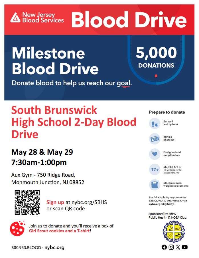 SoBrunswickTwp's tweet image. SBHS 2-Day #BloodDrive
May 28th & May 29th
7:30AM - 1:00PM