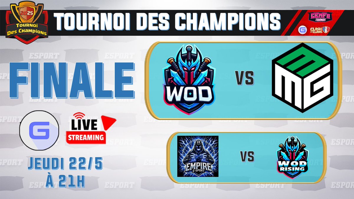 ⚔️Qualifications Mai | Tournoi des Champions #GEmFo 
🏆Grande Finale 
WoD 🆚Millésime MG

🔥Petite Finale
Ze Empire 🆚 WoD Rising

⌚️Ce soir dès 21h sur la chaine YT de <a href="/gouloulou_coc/">Gouloulou</a> 
📺youtube.com/live/jv2WqN_Bd…

 Ne manquez pas cet évènement 🏅