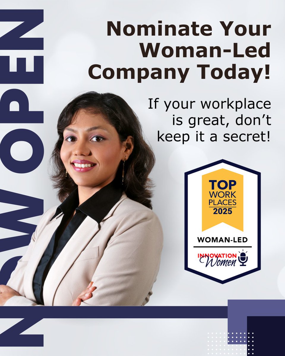 WomenInno's tweet image. NOW OPEN! @TopWorkplaces don’t compete. They collaborate! Nominate your company today, and share the link with friends: topworkplaces.com/nominate/innov….
⭐️The 2025 Woman-Led @TopWorkplaces survey is conducted by @TeamEnergage, in partnership with IW and @LionessMagazine.