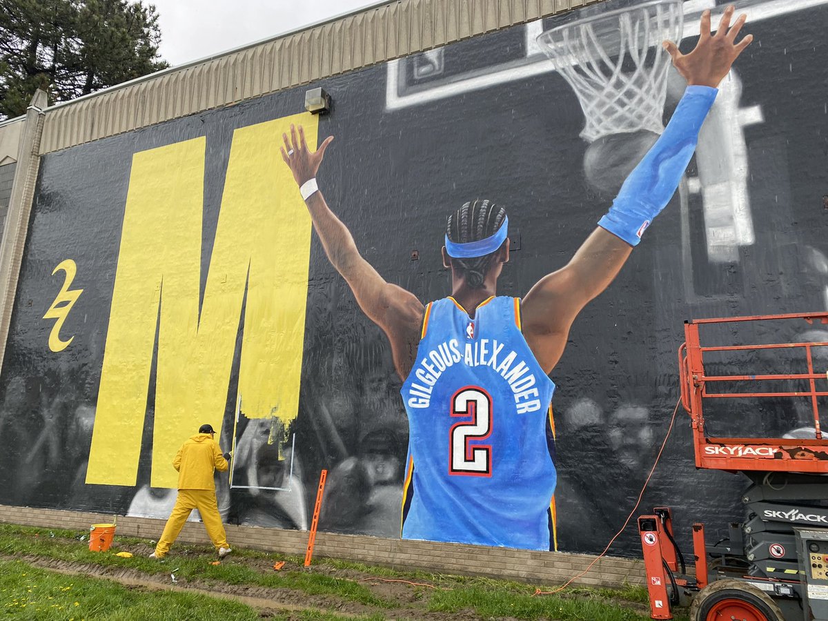 Finishing touches are happening on the addition of ‘MVP’ to the <a href="/shaiglalex/">Shai Gilgeous-Alexander</a> mural at his former high school in Hamilton, Ont.

#NBAPlayoffs #NBAMVP