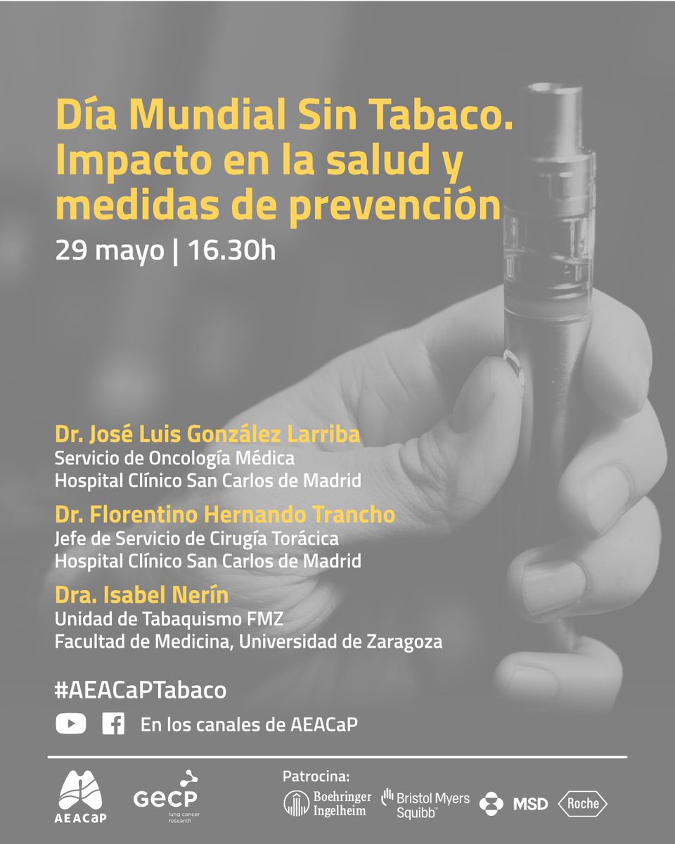 Grupo Español de Cáncer de Pulmón (@gecp_org) on Twitter photo ⭕ El 29 de mayo a las 16:30 h celebramos junto a <a href="/AEACaP/">Cáncer de Pulmón</a> un seminario por el #DíaMundialSinTabaco.
🗣️ Participan:
➡️ Dr. <a href="/gonzalezlarriba/">jlgonzalezlarriba</a> , vicepresidente del GECP
➡️ Dr. Florentino H. Trancho, vocal del GECP
➡️ Dra. Isabel Nerín
🫁 Hablemos de impacto y prevención.
#Prevención ⭕ El 29 de mayo a las 16:30 h celebramos junto a <a href="/AEACaP/">Cáncer de Pulmón</a> un seminario por el #DíaMundialSinTabaco.
🗣️ Participan:
➡️ Dr. <a href="/gonzalezlarriba/">jlgonzalezlarriba</a> , vicepresidente del GECP
➡️ Dr. Florentino H. Trancho, vocal del GECP
➡️ Dra. Isabel Nerín
🫁 Hablemos de impacto y prevención.
#Prevención