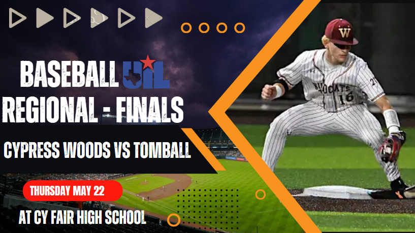 Texas UIL SPORTS (@texasuil_sport) on Twitter photo ⚾️ Regional Finals
🆚 Tomball
🗓 | Thursday may 22
🕖 | @ 7p.
🎥 Livestream: bit.ly/4B4774h
📍At Cy Fair Hs
<a href="/cywoodsbaseball/">Cypress Woods Baseball</a> <a href="/CyWood_Boosters/">Cy Woods Athletic Booster Club</a> <a href="/EthanBEnglish/">Ethan English</a> <a href="/BrandonStoebner/">Brandon Stoebner</a> <a href="/JTDarden10/">Jeffrey-Todd “JT” Darden</a> <a href="/CohenR45/">Cohen R</a> <a href="/CyWoodsFB212/">Cy Woods Football</a> <a href="/CyWoods212/">Cypress Woods HS</a> <a href="/CW_Athletics/">Cy Woods Athletics 212</a> <a href="/CoachSaracene/">Bryce Saracene</a> <a href="/aiden_haby/">Aiden Haby</a> ⚾️ Regional Finals
🆚 Tomball
🗓 | Thursday may 22
🕖 | @ 7p.
🎥 Livestream: bit.ly/4B4774h
📍At Cy Fair Hs
<a href="/cywoodsbaseball/">Cypress Woods Baseball</a> <a href="/CyWood_Boosters/">Cy Woods Athletic Booster Club</a> <a href="/EthanBEnglish/">Ethan English</a> <a href="/BrandonStoebner/">Brandon Stoebner</a> <a href="/JTDarden10/">Jeffrey-Todd “JT” Darden</a> <a href="/CohenR45/">Cohen R</a> <a href="/CyWoodsFB212/">Cy Woods Football</a> <a href="/CyWoods212/">Cypress Woods HS</a> <a href="/CW_Athletics/">Cy Woods Athletics 212</a> <a href="/CoachSaracene/">Bryce Saracene</a> <a href="/aiden_haby/">Aiden Haby</a>