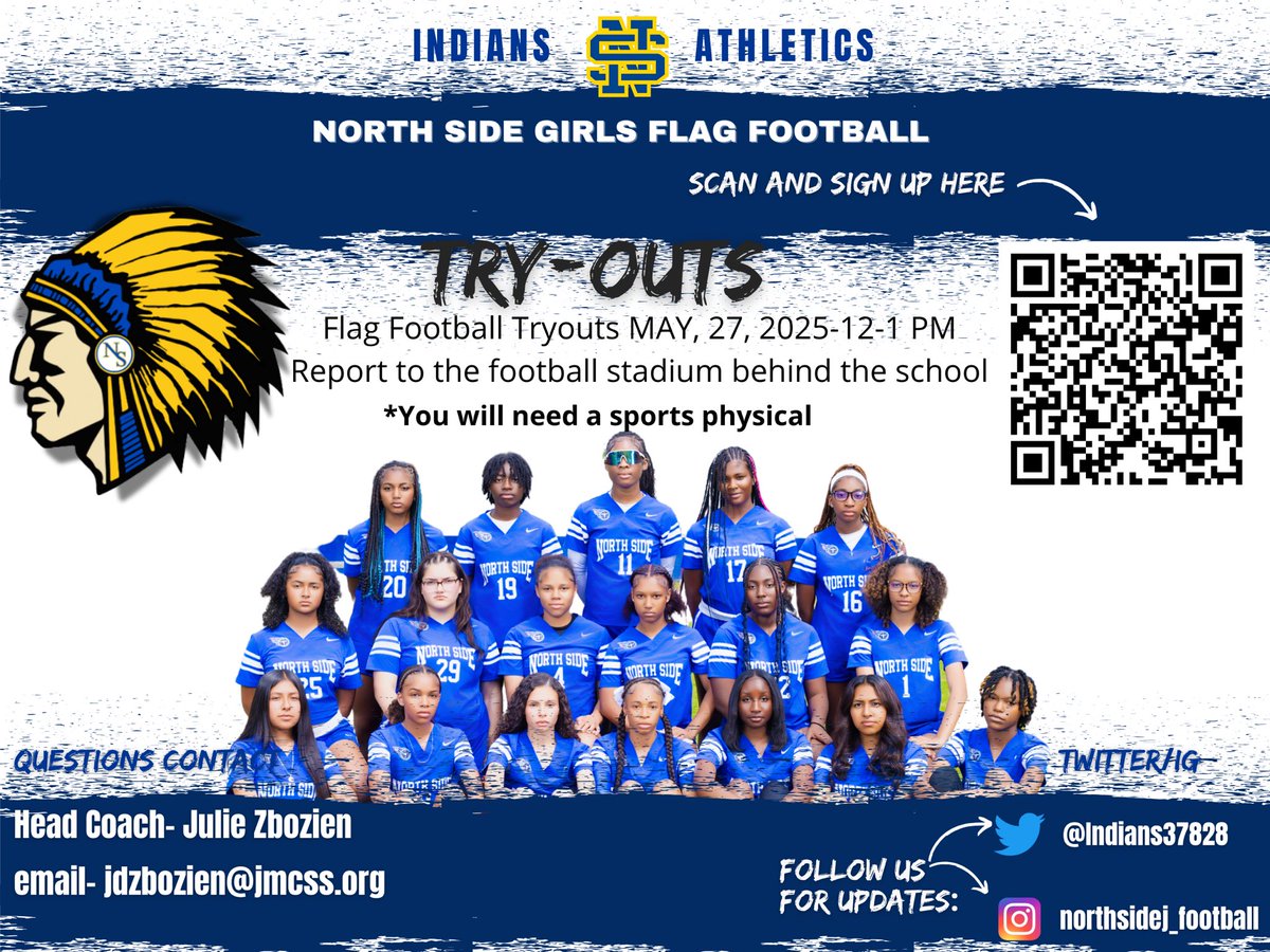 Flag football tryouts are Tuesday, May 27, from 12-1 at the NSHS football stadium. 
You must have a sports physical dated after 4-15-25 in order to tryout. 

#nshsindians