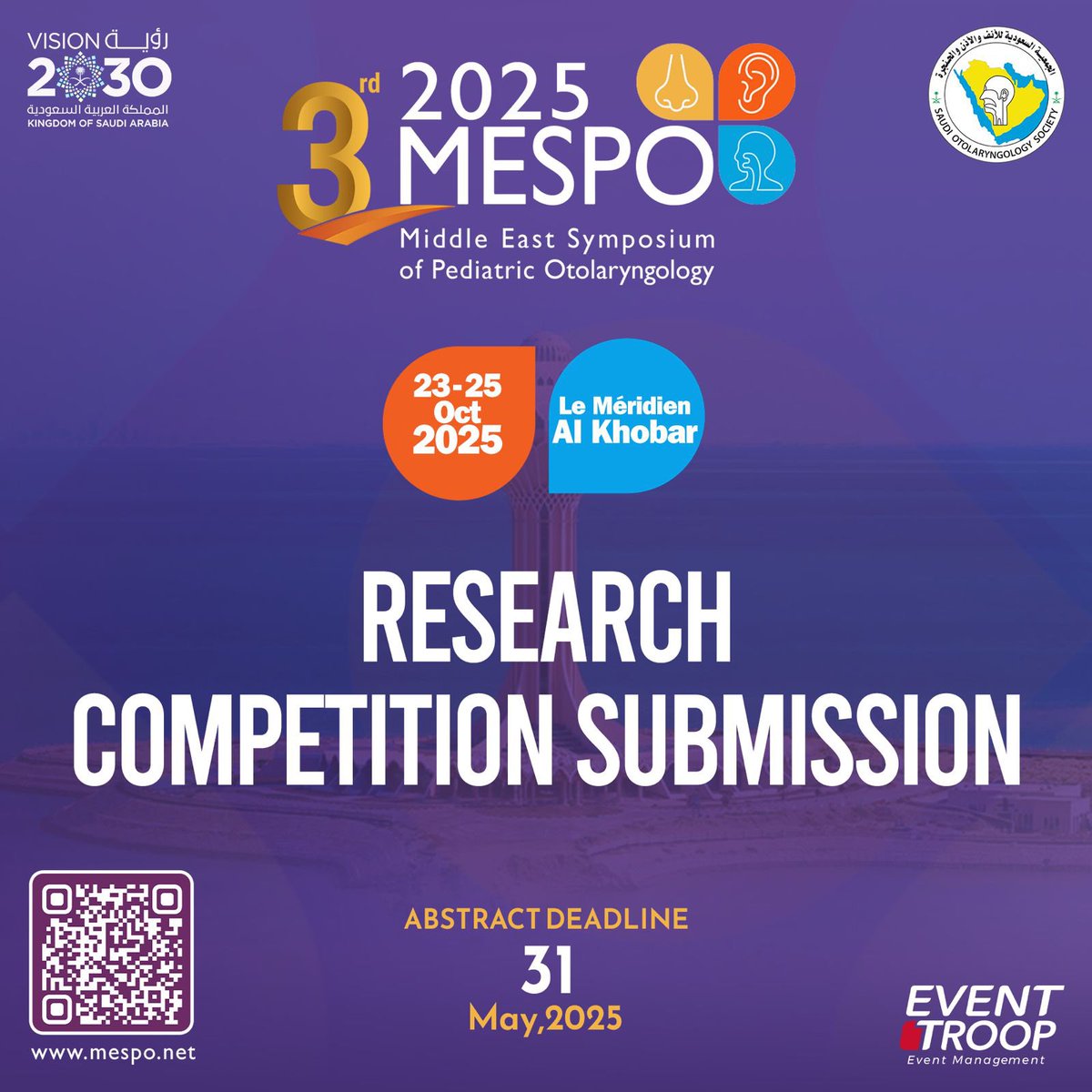 Research isn’t meant to stay in your notes

MESPO 2025’s Research Competition is now open ⭐️

Selected entries won’t just be recognized — they’ll be rewarded 💜

 ‼️⏰ Submit before May 31 

More Details 👇
mespo.net/mespo-competit…

#MESPO2025 #SaudiVision2030 #ENT #abstract