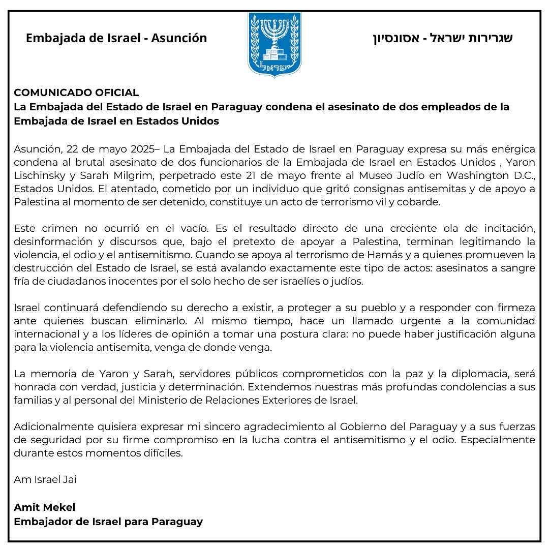 🔴 Comunicado Oficial de la Embajada de Israel en Paraguay
