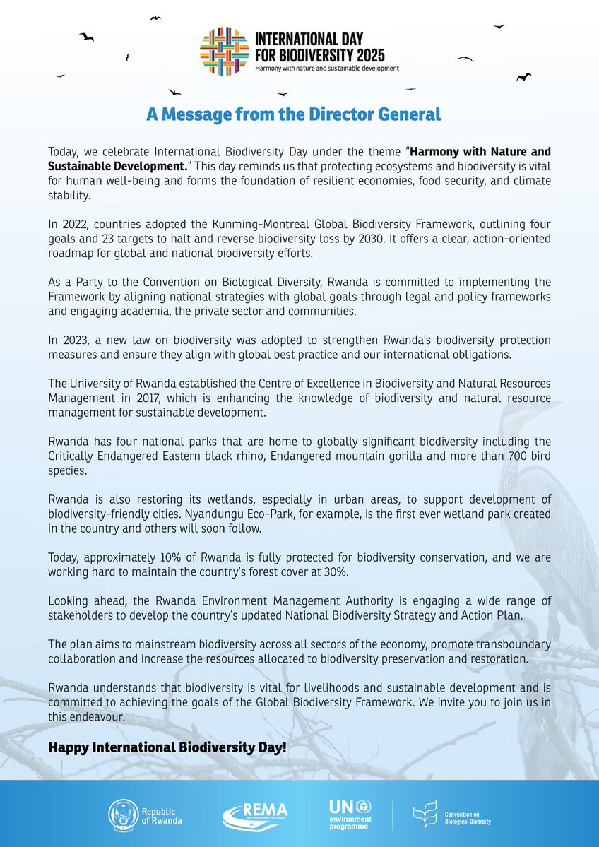 Rwanda Environment Management Authority (@rema_rwanda) on Twitter photo On #BiodiversityDay2025, read a message from <a href="/REMA_Rwanda/">Rwanda Environment Management Authority</a> Director General <a href="/Juliet_Kabera/">Juliet Kabera</a>.
✒️“Protecting ecosystems and biodiversity is vital for human well-being and forms the foundation of resilient economies, food security, and climate stability.”
#GreenRwanda 🇷🇼🌿 On #BiodiversityDay2025, read a message from <a href="/REMA_Rwanda/">Rwanda Environment Management Authority</a> Director General <a href="/Juliet_Kabera/">Juliet Kabera</a>.
✒️“Protecting ecosystems and biodiversity is vital for human well-being and forms the foundation of resilient economies, food security, and climate stability.”
#GreenRwanda 🇷🇼🌿