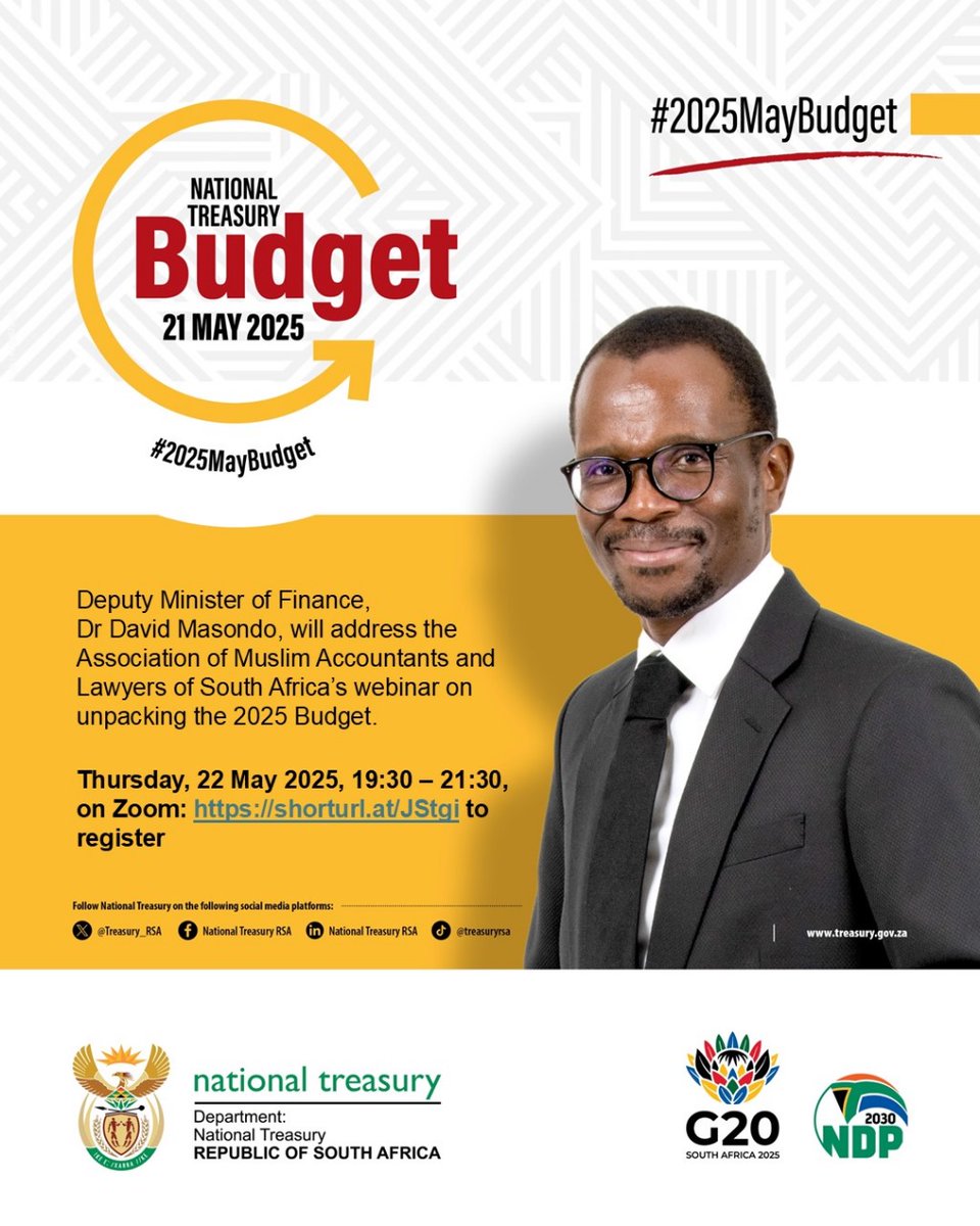 Join us this evening at 7h30pm for the “Unpacking the Budget 2025” webinar hosted by the Association of Muslim and Lawyers of South Africa with partners. Register here: us02web.zoom.us/webinar/regist…