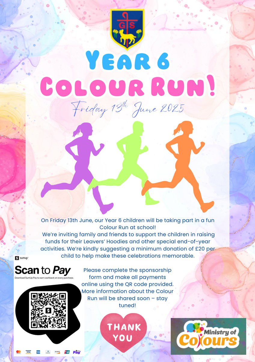 🎉 On Friday 13th June, our Y6 pupils take part in a super fun Colour Run at school!

👨‍👩‍👧‍👦 Friends &amp; family can help raise funds for Leavers’ Hoodies &amp; end-of-year treats.

Big thanks to our amazing TGS PTA for their support!

🗓 More info coming soon – stay tuned!
#Year6Leavers