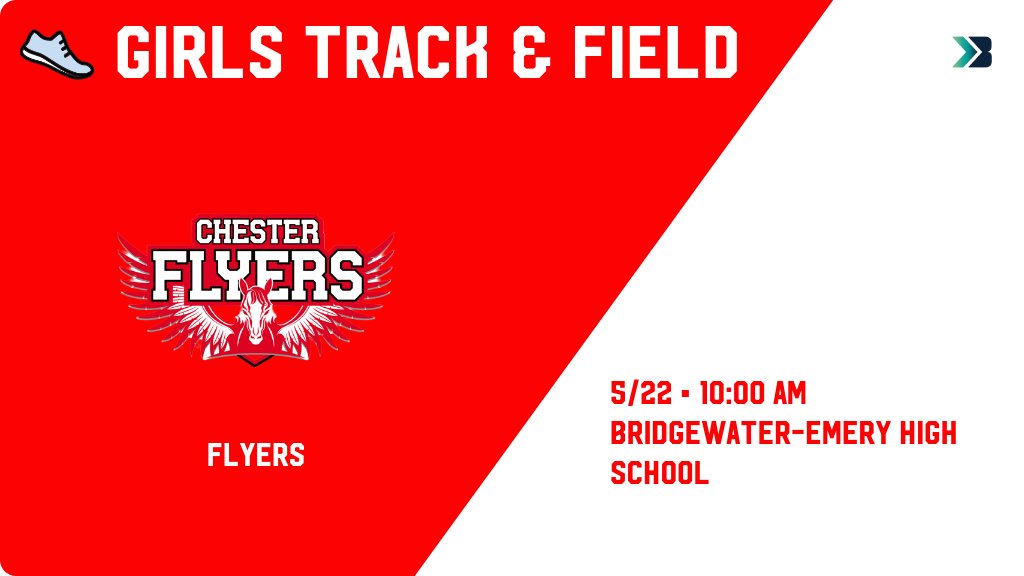 Girls Track &amp; Field (Varsity) Meet Day! - Check out the event preview for the Chester Flyers. It starts at 10:00 AM and is at Bridgewater-Emery High School. gobound.com/sd/sdhsaa/girl…