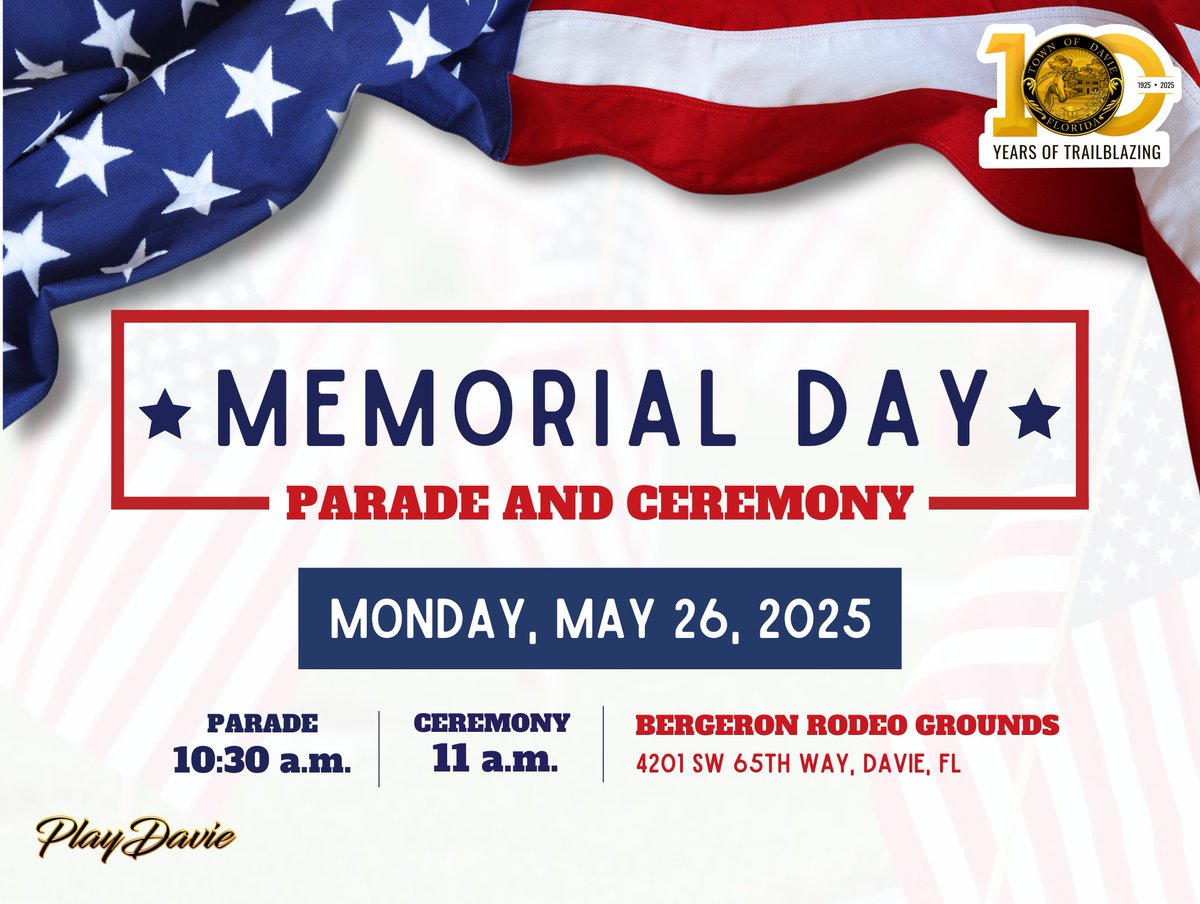 In observance of the Memorial Day holiday, the Town of Davie governmental offices will be closed on Monday, May 26, 2025, and reopen on Tuesday, May 27, 2025.

Solid waste collection will continue as normal. For Town park and facility closures, visit ow.ly/VWrO50VUTN8.
