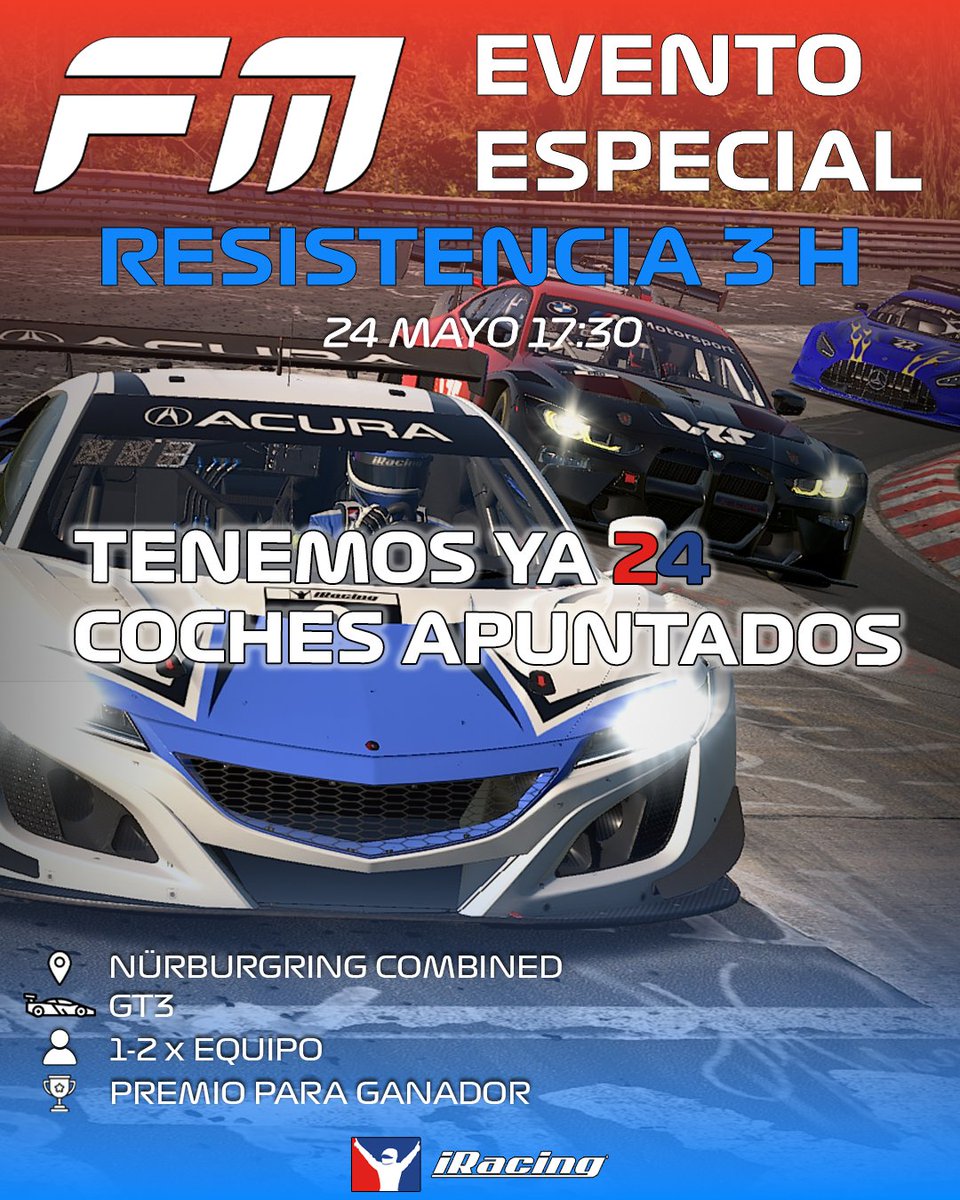#FMT10 | RESISTENCIA 3H NÜRBURG

Quedan 2⃣ días, y ya podemos anunciar que somos 2⃣4⃣ coches apuntados (por ahora).

😎¿Tú también quieres practicar y medirte al infierno verde?

🤓¡No olvides apuntarte!  forms.gle/qSxGiw5kbCTEMW…