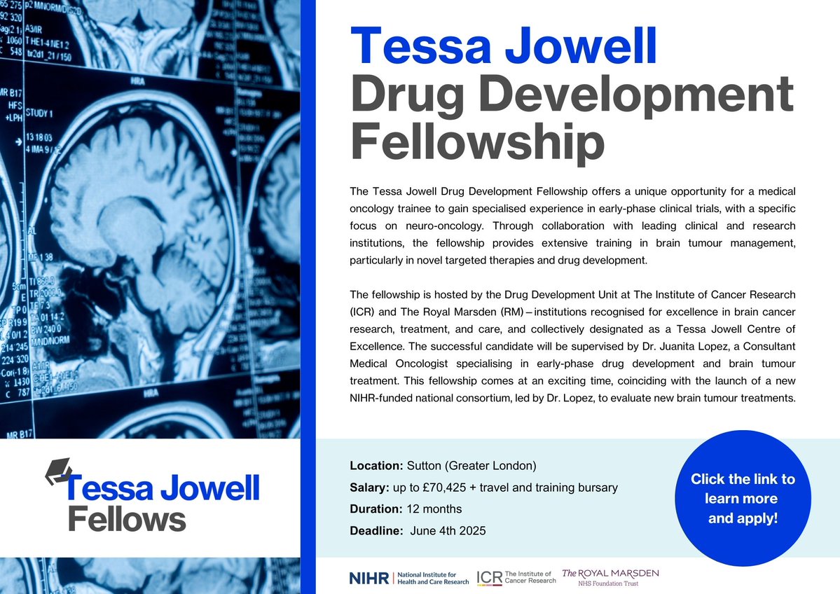 Tessa Jowell Brain Cancer Mission (@tjbcmission) on Twitter photo 🚨 Applications are re-opened for the Tessa Jowell Drug Development Fellowship – now closing 4 June!
Want to gain experience in early-phase clinical trials focused on neuro-oncology?
Find out more➡️ tessajowellbraincancermission.org/news/tessa-jow…
<a href="/NIHRresearch/">National Institute for Health and Care Research</a> <a href="/royalmarsdenNHS/">The Royal Marsden NHS Foundation Trust</a> <a href="/ICR_London/">The ICR</a> 🚨 Applications are re-opened for the Tessa Jowell Drug Development Fellowship – now closing 4 June!
Want to gain experience in early-phase clinical trials focused on neuro-oncology?
Find out more➡️ tessajowellbraincancermission.org/news/tessa-jow…
<a href="/NIHRresearch/">National Institute for Health and Care Research</a> <a href="/royalmarsdenNHS/">The Royal Marsden NHS Foundation Trust</a> <a href="/ICR_London/">The ICR</a>