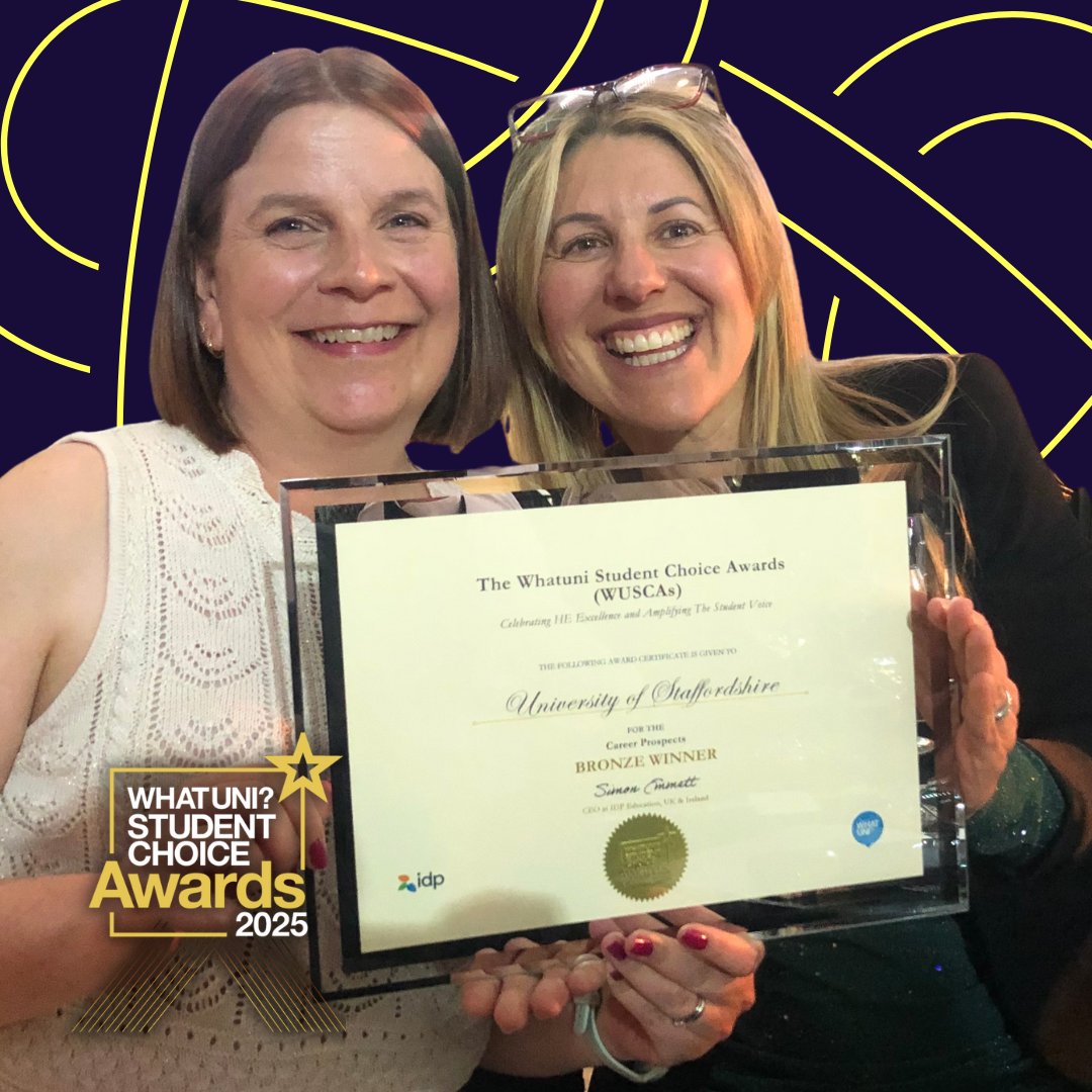 UniofStaffs's tweet image. 🎉 We’ve won Bronze for Career Prospects at the 2025 @Whatuni Student Choice Awards – voted for by students across the UK!

Shoutout to our amazing @careersatstaffs team 👏

Explore how we support your future: staffs.ac.uk/student-life/s…