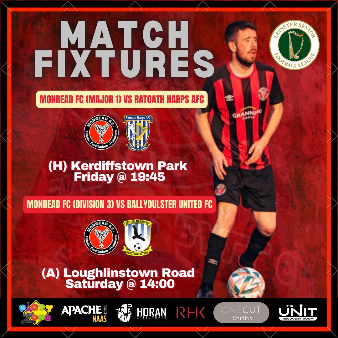 Monread FC (@monread_fc) on Twitter photo Tomorrow night we welcome Ratoath Harps FC for our final <a href="/LSLLeague/">Leinster Senior League</a> game of the season. A win for either side sees them crowned champions!
On Saturday, we face Ballyoulster United AFC, a familiar opponent, in the Joe Tynan Semi-Final.
Come on Monread!⚽️🔴⚫️ Tomorrow night we welcome Ratoath Harps FC for our final <a href="/LSLLeague/">Leinster Senior League</a> game of the season. A win for either side sees them crowned champions!
On Saturday, we face Ballyoulster United AFC, a familiar opponent, in the Joe Tynan Semi-Final.
Come on Monread!⚽️🔴⚫️