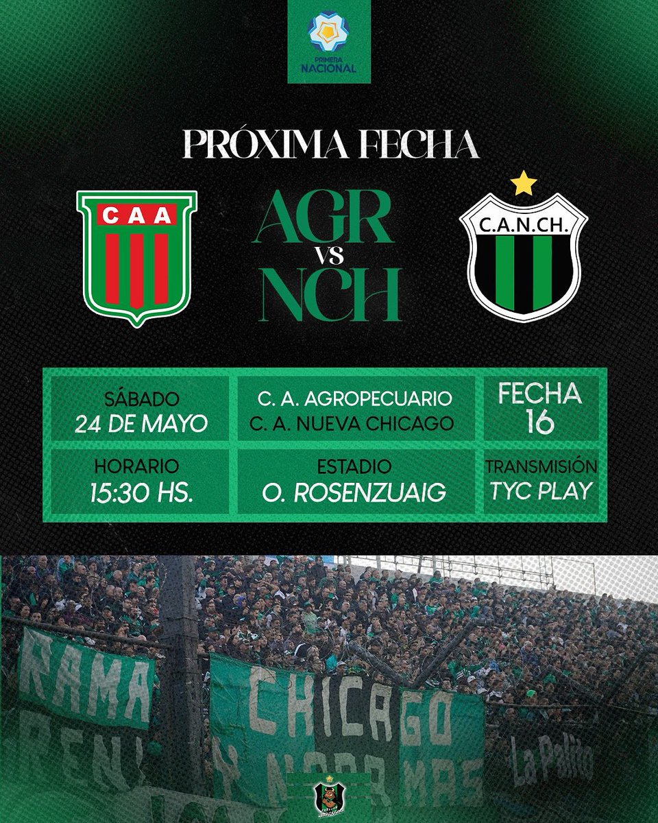 CorazonVerdine1's tweet photo. JUEGA CHICAGO💚🖤

Volvimos! Una vez más 💪🏼

⚽️Chicago se enfrentará este sábado (24/5) ante Agropecuario a las 15:30hs por la correspondiente fecha dieciséis del torneo. 

📺⚖️Será transmitido por TyC Sports Play y el árbitro dle encuentro será Nahuel Viñas. https://t.co/hfW1xZcB4h