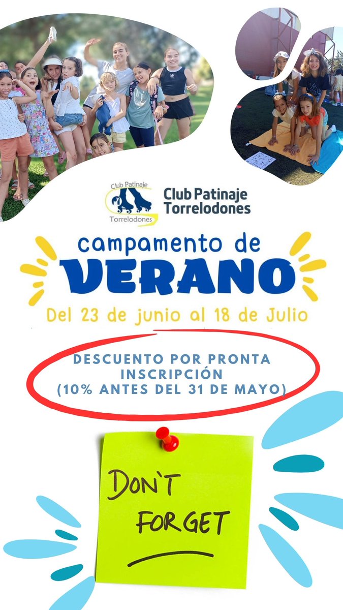 ¡El verano ya casi está aquí y en Club Patinaje Torrelodones lo celebramos a lo grande!

Campamento de verano del 23 de junio al 18 de julio
Diversión, deporte, amistad ¡y mucho patinaje!

¡Aprovecha el 10% de descuento por inscripción anticipada antes del 31 de mayo!