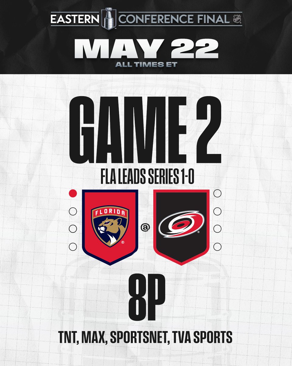 NHL (@nhl) on Twitter photo Another game night in Raleigh! 🤪
ICYMI: The Hurricanes have not lost back-to-back games in the 2025 #StanleyCup Playoffs...
📺: <a href="/FlaPanthers/">x - Florida Panthers</a> vs. <a href="/Canes/">Carolina Hurricanes</a> Eastern Conference Final Game 2 TONIGHT at 8p ET on <a href="/NHL_On_TNT/">NHLonTNT</a>, <a href="/SportsonMax/">Sports on Max</a>, <a href="/Sportsnet/">Sportsnet</a>, and <a href="/TVASports/">TVA Sports</a> Another game night in Raleigh! 🤪
ICYMI: The Hurricanes have not lost back-to-back games in the 2025 #StanleyCup Playoffs...
📺: <a href="/FlaPanthers/">x - Florida Panthers</a> vs. <a href="/Canes/">Carolina Hurricanes</a> Eastern Conference Final Game 2 TONIGHT at 8p ET on <a href="/NHL_On_TNT/">NHLonTNT</a>, <a href="/SportsonMax/">Sports on Max</a>, <a href="/Sportsnet/">Sportsnet</a>, and <a href="/TVASports/">TVA Sports</a>