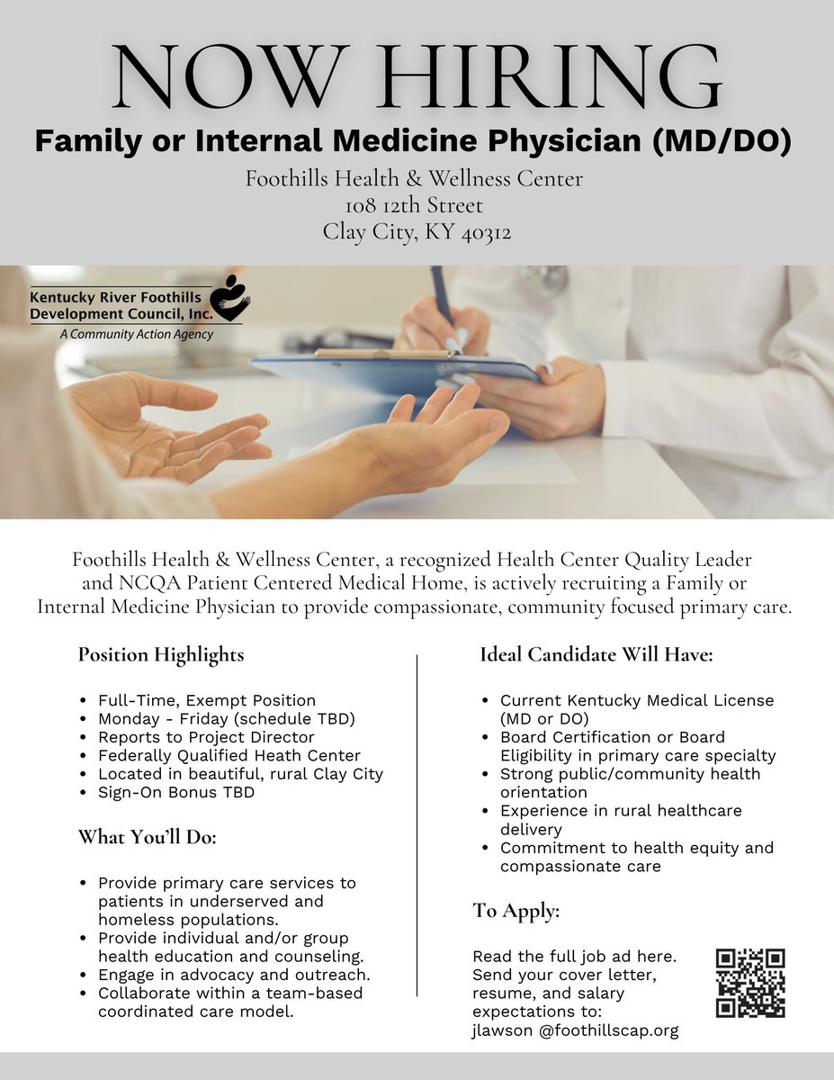 KRFDCInc's tweet photo. Foothills Health &amp; Wellness Center in #ClayCityKY is seeking a Family or Internal Medicine Physician to join our team.

📍 Full-time
📍 FQHC
📍 Rural care focus
📩 Apply: jlawson@foothillscap.org
📲 Details in image 👇

#PhysicianJobs #CommunityHealth #RuralHealth #PrimaryCare https://t.co/GpQKrT7s29
