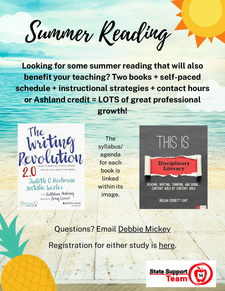 🌞 Summer PD made simple!

Join our self-paced book study:
📘 The Writing Revolution 2.0
📕 This Is Disciplinary Literacy
✅ Flexible schedule
✅ Strategies you can use now
✅ Contact hours or Ashland credit
📩 Email Debbie Mickey 📚