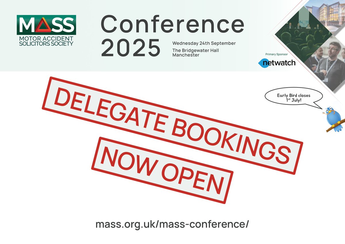 Delegate bookings for #MASSConf25 are now open!

If you’re an RTA or PI solicitor, this is the go-to event of the year. 

🗓️ Date: 24 September 2025
📍 Location: The Bridgewater Hall, Manchester

Book early and save with our Early Bird rate!

🔗  mass.org.uk/mass-conferenc…