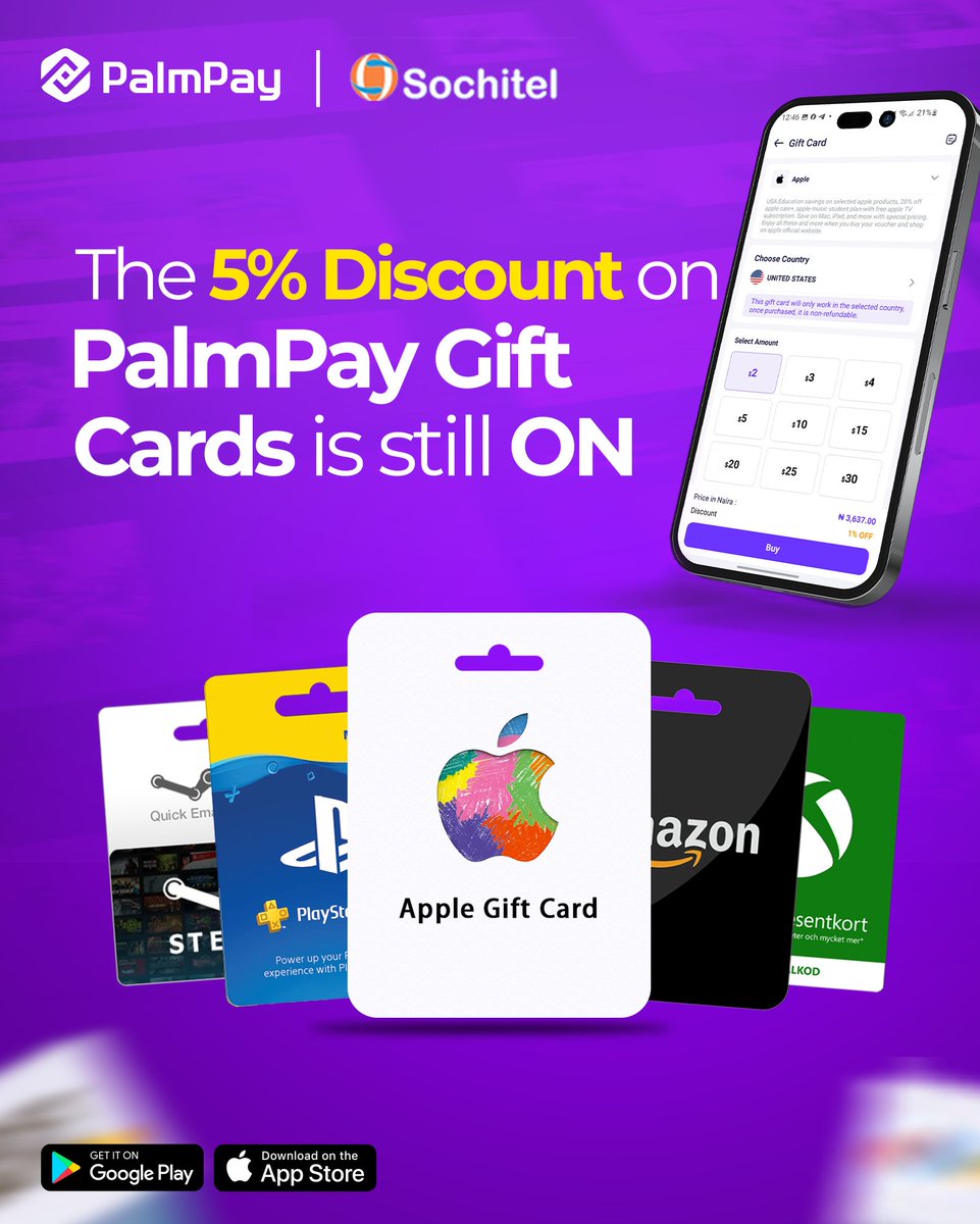 Get 5% off your first purchase on Apple, PlayStation, Netflix gift cards,  and more with PalmPay. Already a user? Enjoy a 1% discount every time you  buy. Click here to buy now: