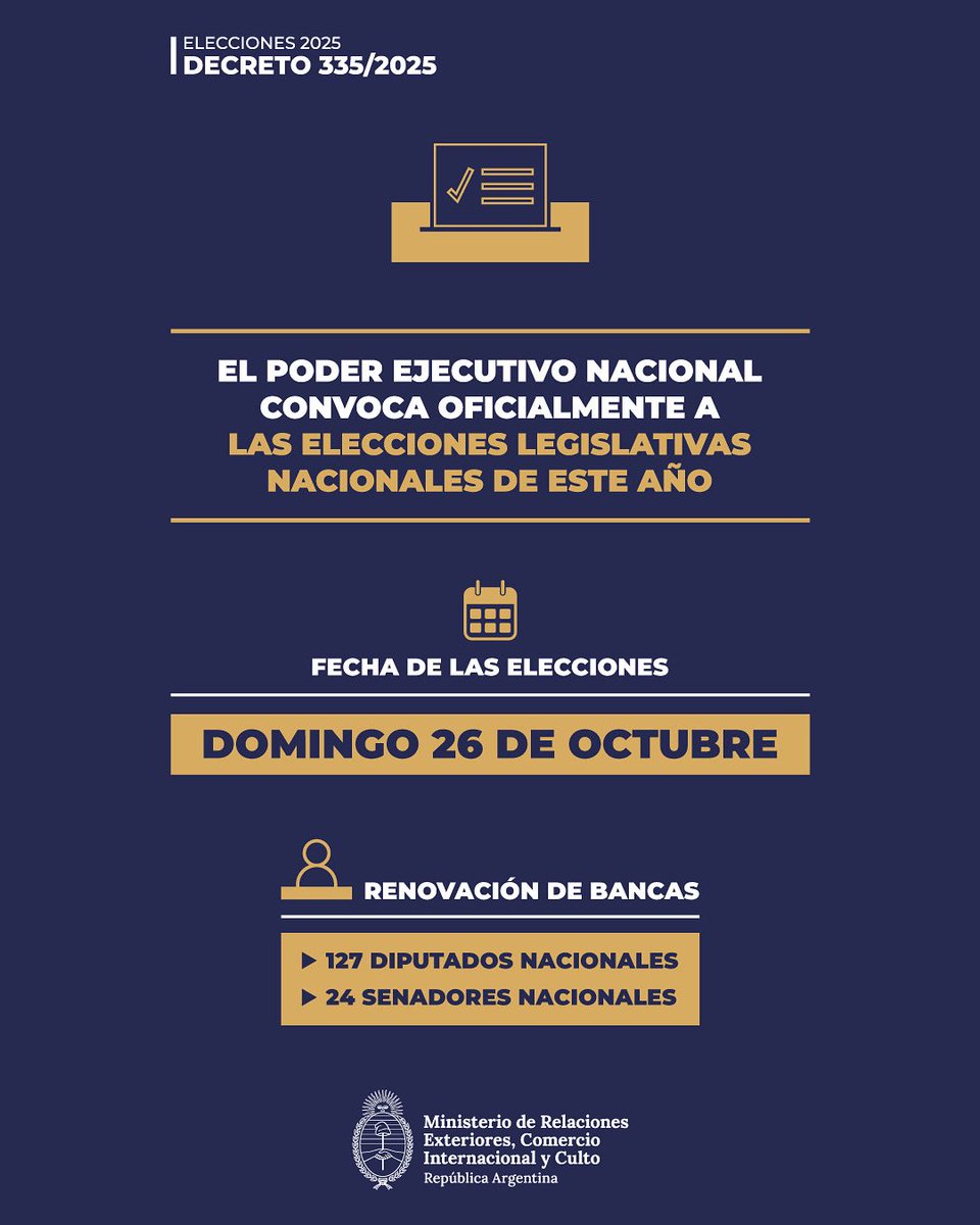El próximo domingo 26 de octubre se llevarán a cabo las elecciones legislativas en las que se renovarán 127 bancas de diputados y 24 de senadores nacionales.

Conocé más en argentina.gob.ar/elecciones-202…
