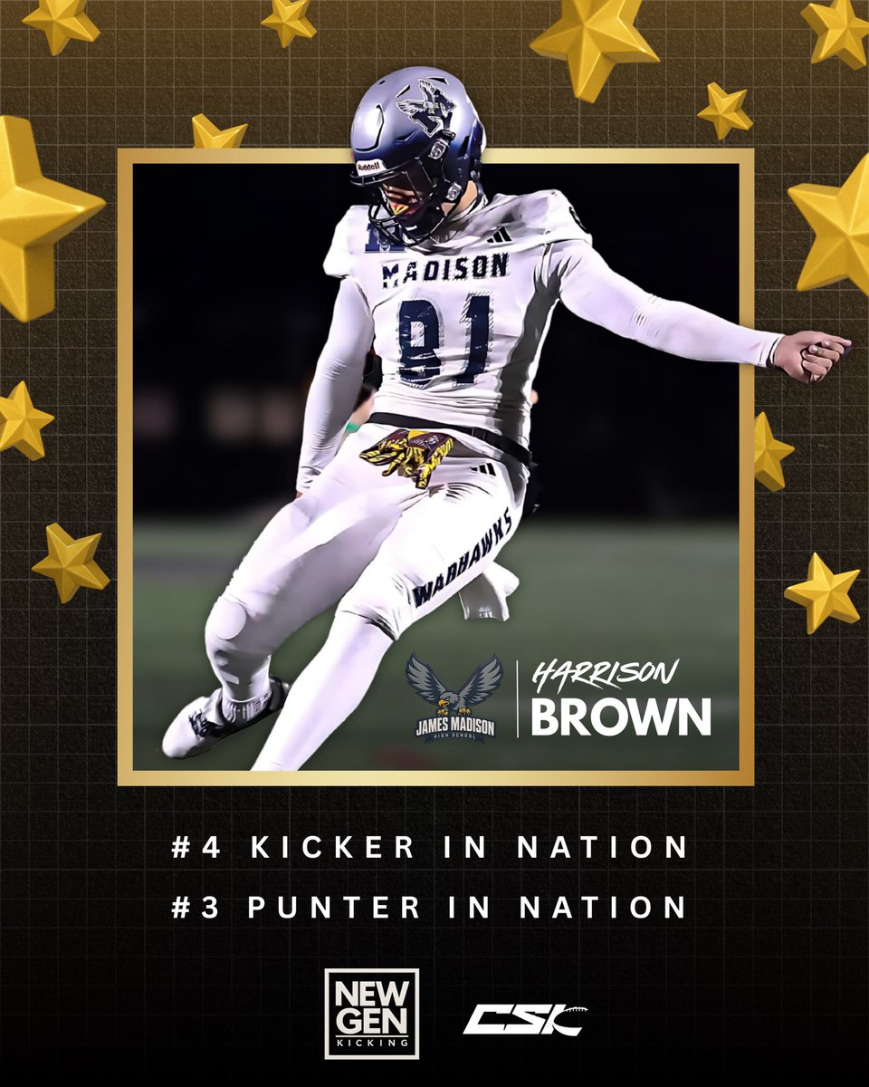 Harrison Brown (@harrison_b_2027) on Twitter photo After a great camp in Las Vegas, I’m grateful to be ranked as the #3 Punter & #4 Kicker in the Nation for the Class of 2027 🇺🇸
@CoachMedina61 <a href="/NewGenKicking/">New Gen Kicking</a>
<a href="/Chris_Sailer/">Chris Sailer Kicking</a> <a href="/CSKRECRUITING/">Chris Sailer Kicking Consulting</a> <a href="/ThePuntFactory/">Aaron Perez</a> <a href="/MadhouseFB/">Madison Warhawks Football</a> @DaygoFootball <a href="/KUSIPPR/">Prep Pigskin Report</a> After a great camp in Las Vegas, I’m grateful to be ranked as the #3 Punter & #4 Kicker in the Nation for the Class of 2027 🇺🇸
@CoachMedina61 <a href="/NewGenKicking/">New Gen Kicking</a>
<a href="/Chris_Sailer/">Chris Sailer Kicking</a> <a href="/CSKRECRUITING/">Chris Sailer Kicking Consulting</a> <a href="/ThePuntFactory/">Aaron Perez</a> <a href="/MadhouseFB/">Madison Warhawks Football</a> @DaygoFootball <a href="/KUSIPPR/">Prep Pigskin Report</a>