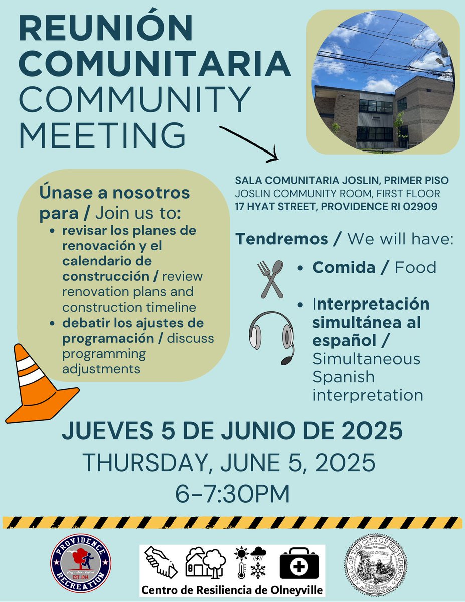 Join us at the Joslin Recreation Center for a community meeting on Thursday, June 5th at 6:00-7:30pm to review the renovation plans, the timeline for construction, and potential programming adjustments for the Joslin Recreation Center and Olneyville Resilience Hub.