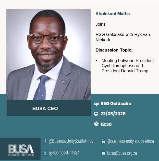 BusinessUnitySA's tweet image. Tune in at 18:30 | #BUSA CEO Khulekani Mathe joins Ryk van Niekerk on RSG Geldsake to unpack the recent meeting between President Cyril Ramaphosa and President Donald Trump.