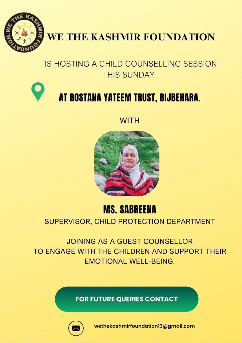 WTKFoundation's tweet photo. This Sunday, at Boston’s Yateem Trust in Bijbehara, we’re opening a space where children can feel seen, heard, and safe. With child counsellor Ms. Sabreena, we’re listening with care. Join us, with heart. 
#MentalHealthMatters
#WTKF https://t.co/vSVdGPADeX