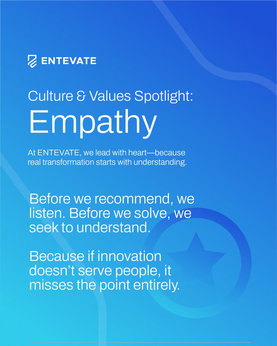 entevate's tweet photo. Empathy isn’t soft. It’s strategic.

At ENTEVATE, we lead with heart—because innovation that ignores people misses the point.

Before we solve, we listen.
Before we act, we understand.

That’s how we build outcomes that actually matter.

#EmpathyInAction #ENTEVATE #PeopleFirst https://t.co/Rl2LncyvyI