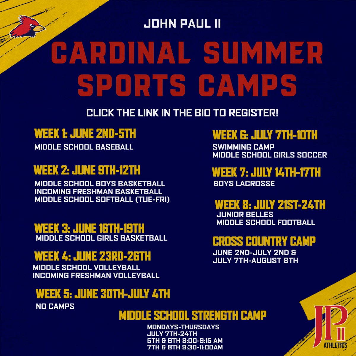 JPIIHS Athletics (@jpiihssports) on Twitter photo Registration is filling up for our JPII summer camps! Click the link in the bio to register! π₯ βΎοΈ π β½οΈ π π₯ ππ½ββοΈ ππΌββοΈ
<a href="/JPIIHS/">John Paul II HS</a> Registration is filling up for our JPII summer camps! Click the link in the bio to register! π₯ βΎοΈ π β½οΈ π π₯ ππ½ββοΈ ππΌββοΈ
<a href="/JPIIHS/">John Paul II HS</a>