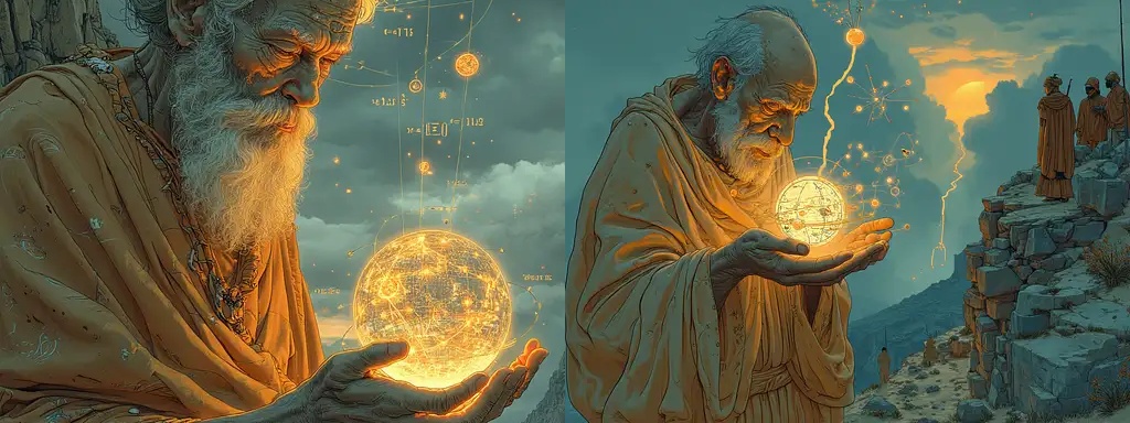 Cool prompt: Ancient Archimedes, intellectual sage on a twilight cliff. Hyperrealistic, mystical. His wisdom-lined face, blazing eyes. A spectral orb with orbiting symbols, a glowing cosmos model. Volumetric light, Renaissance chiaroscuro.