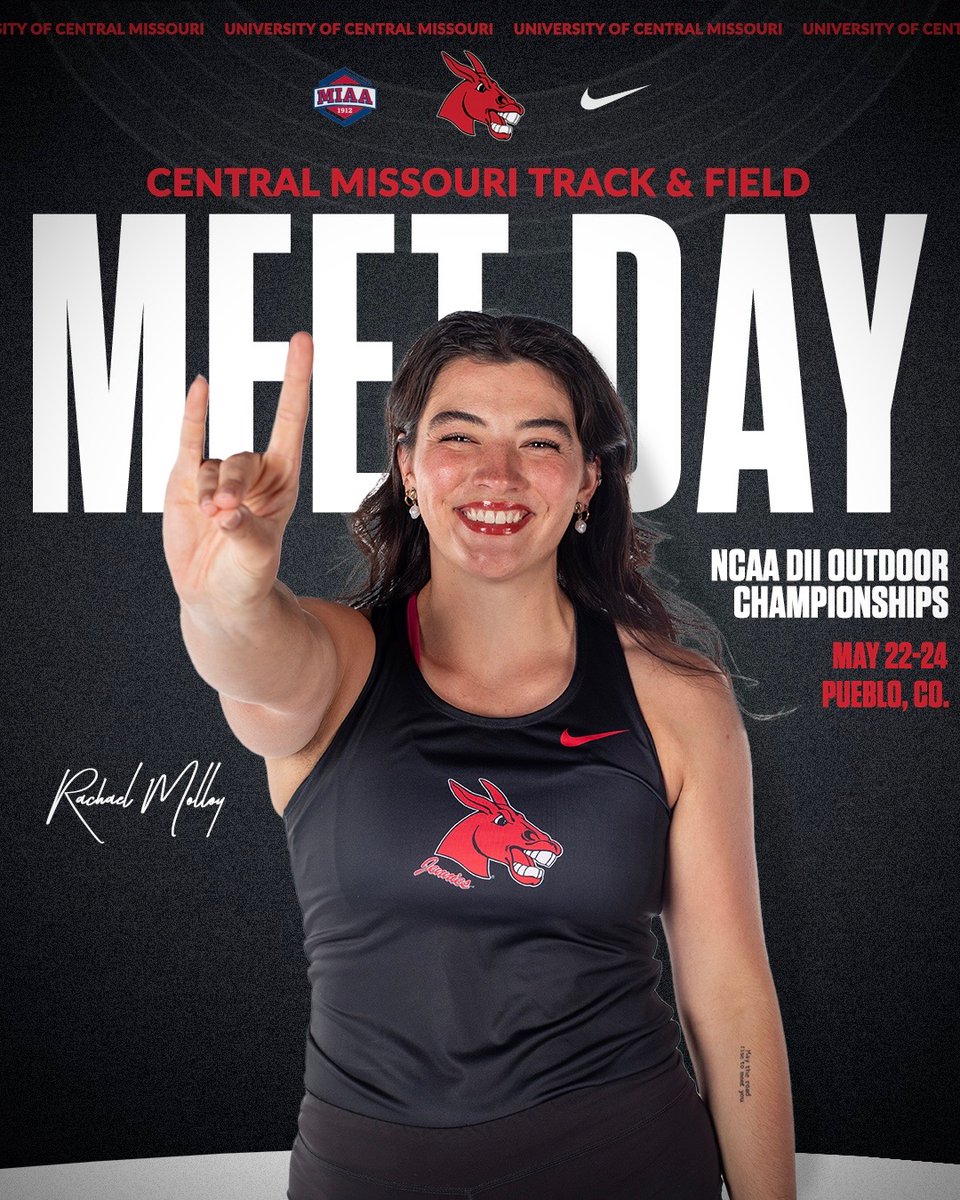 UCM Track and Field (@ucmtf) on Twitter photo It's the opening day of action at the <a href="/NCAADII/">NCAA Division II</a> Outdoor Championships!
🏟️ | CSU-Pueblo ThunderBowl
💻 | bit.ly/3YWzZ9j
💻 | bit.ly/4je3Ukg (throwing events)
📊 | bit.ly/4kQDE0X
#teamUCM It's the opening day of action at the <a href="/NCAADII/">NCAA Division II</a> Outdoor Championships!
🏟️ | CSU-Pueblo ThunderBowl
💻 | bit.ly/3YWzZ9j
💻 | bit.ly/4je3Ukg (throwing events)
📊 | bit.ly/4kQDE0X
#teamUCM