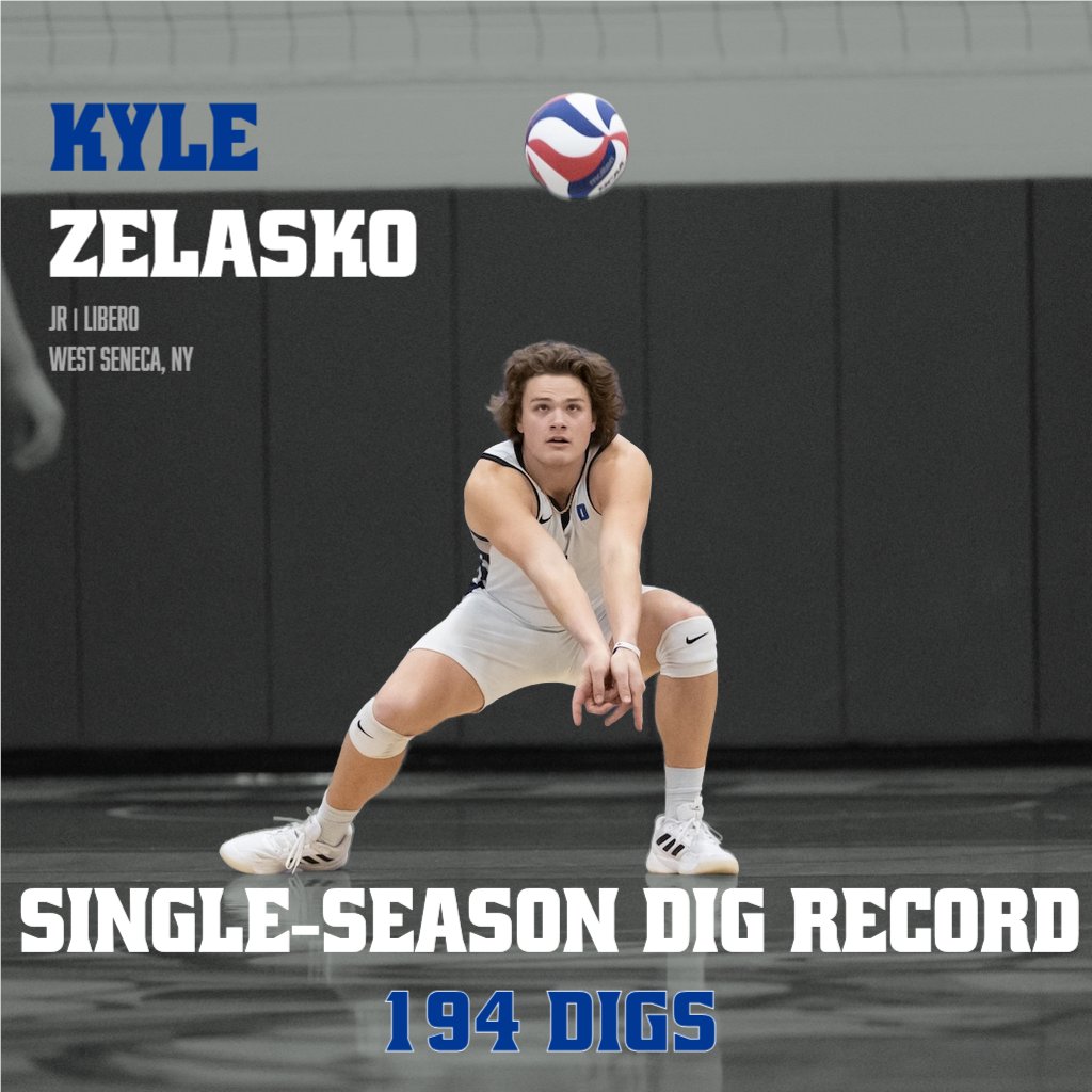DaemenMVB's tweet image. Another single season record was broken this year by our trusty libero Kyle Zelasko! On top of tying the 4-set single-match dig record (15 vs. D'Youville on April 18), Kyle broke our single-season dig record with 194 total digs! #TheWildcatWay